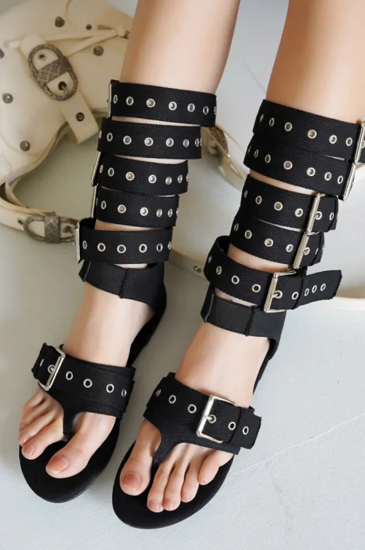 Viki Denim Belt Buckled Flat Sandals - Black sold by Cape Robbin