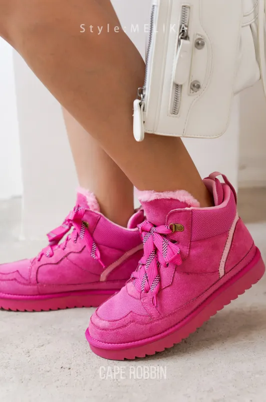 Melika Platform Fur-Lined Suede Ankle Booties - Fuchsia sold by Cape Robbin