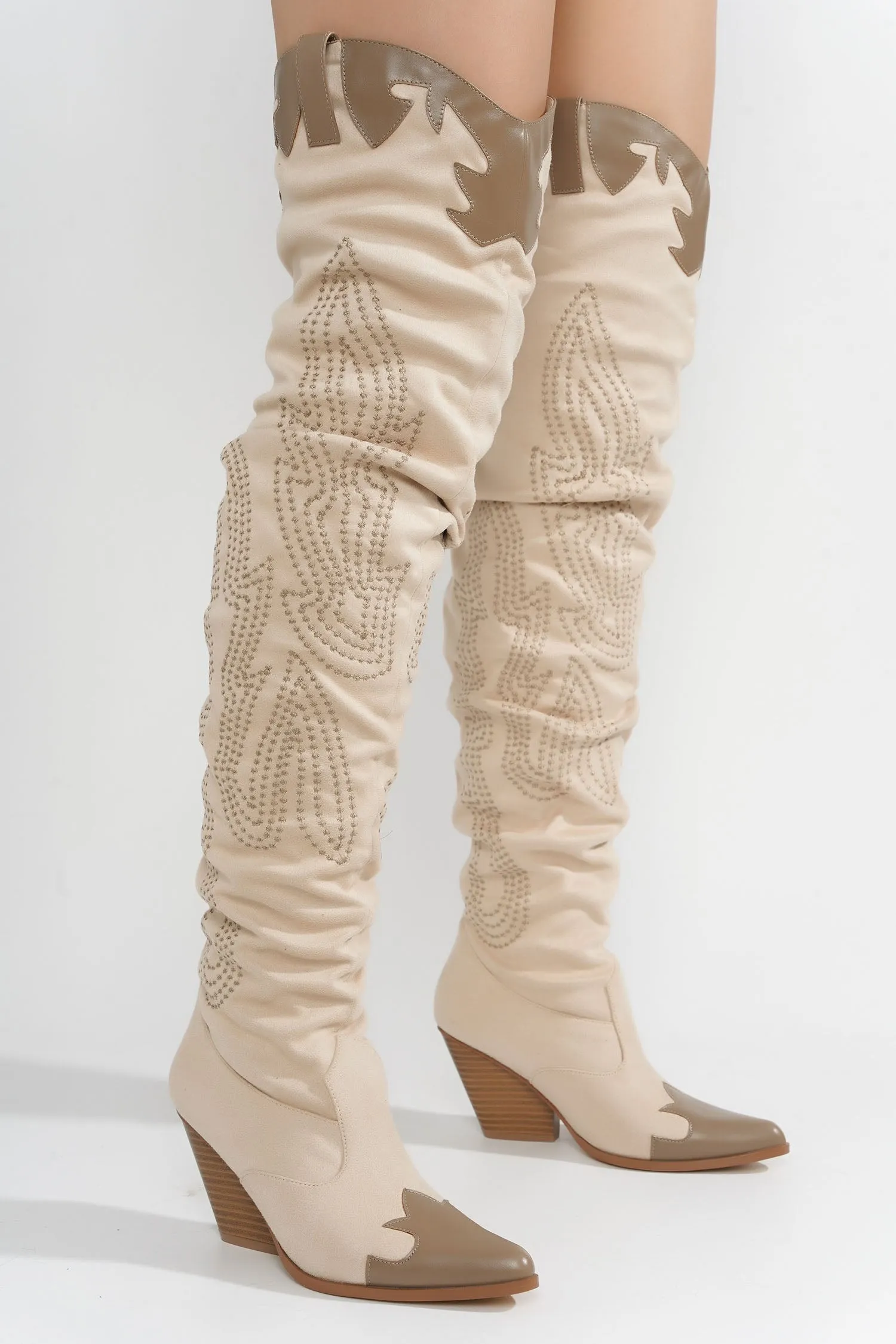 Icona Embroidery Thigh-High Cowboy Boots - Cream sold by Cape Robbin product image thumbnail 5