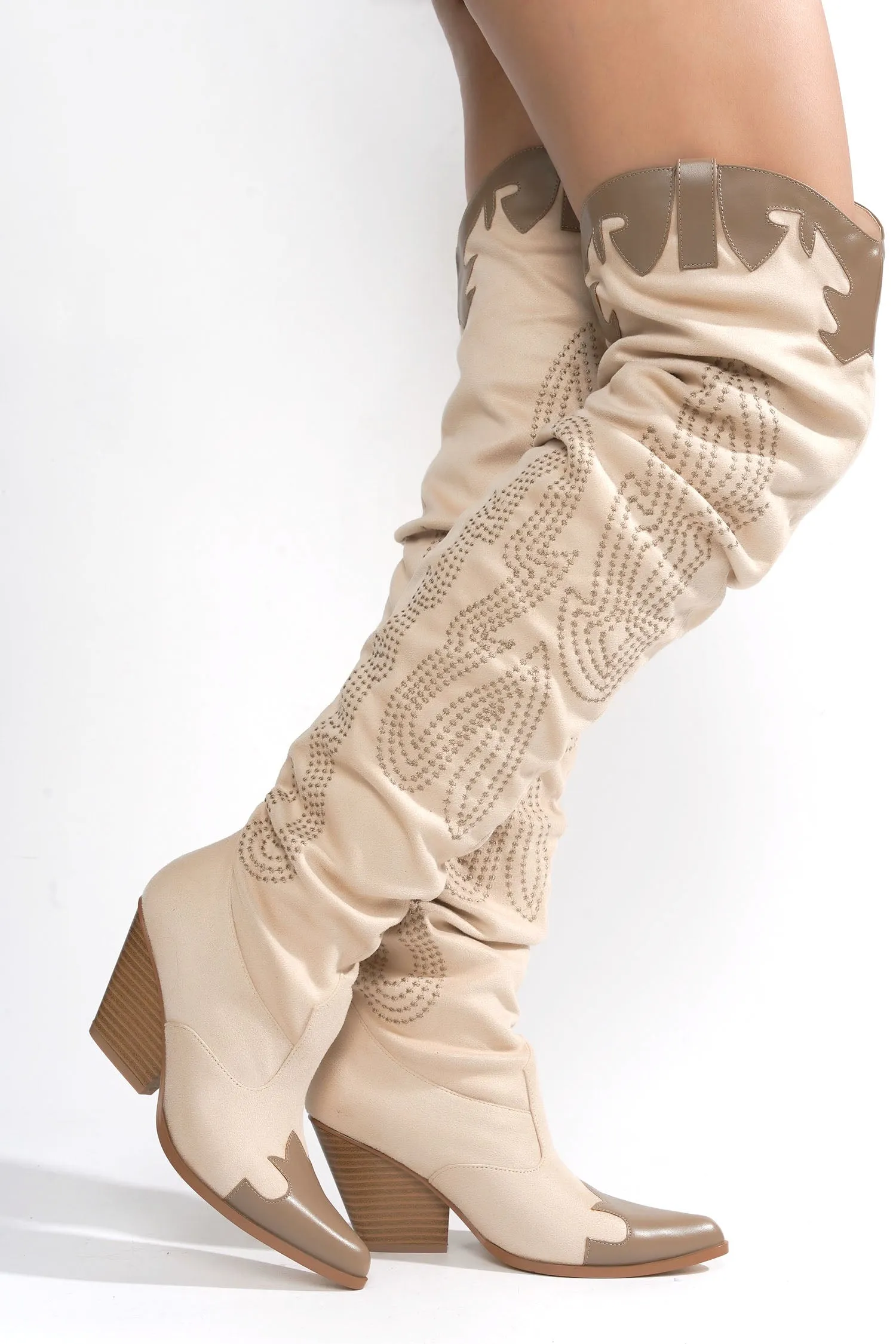 Icona Embroidery Thigh-High Cowboy Boots - Cream sold by Cape Robbin product image thumbnail 4