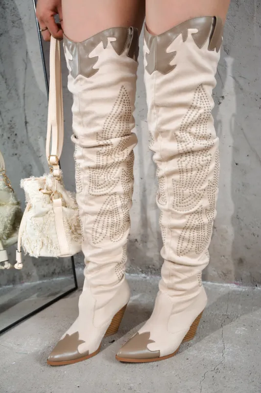 Icona Embroidery Thigh-High Cowboy Boots - Cream sold by Cape Robbin