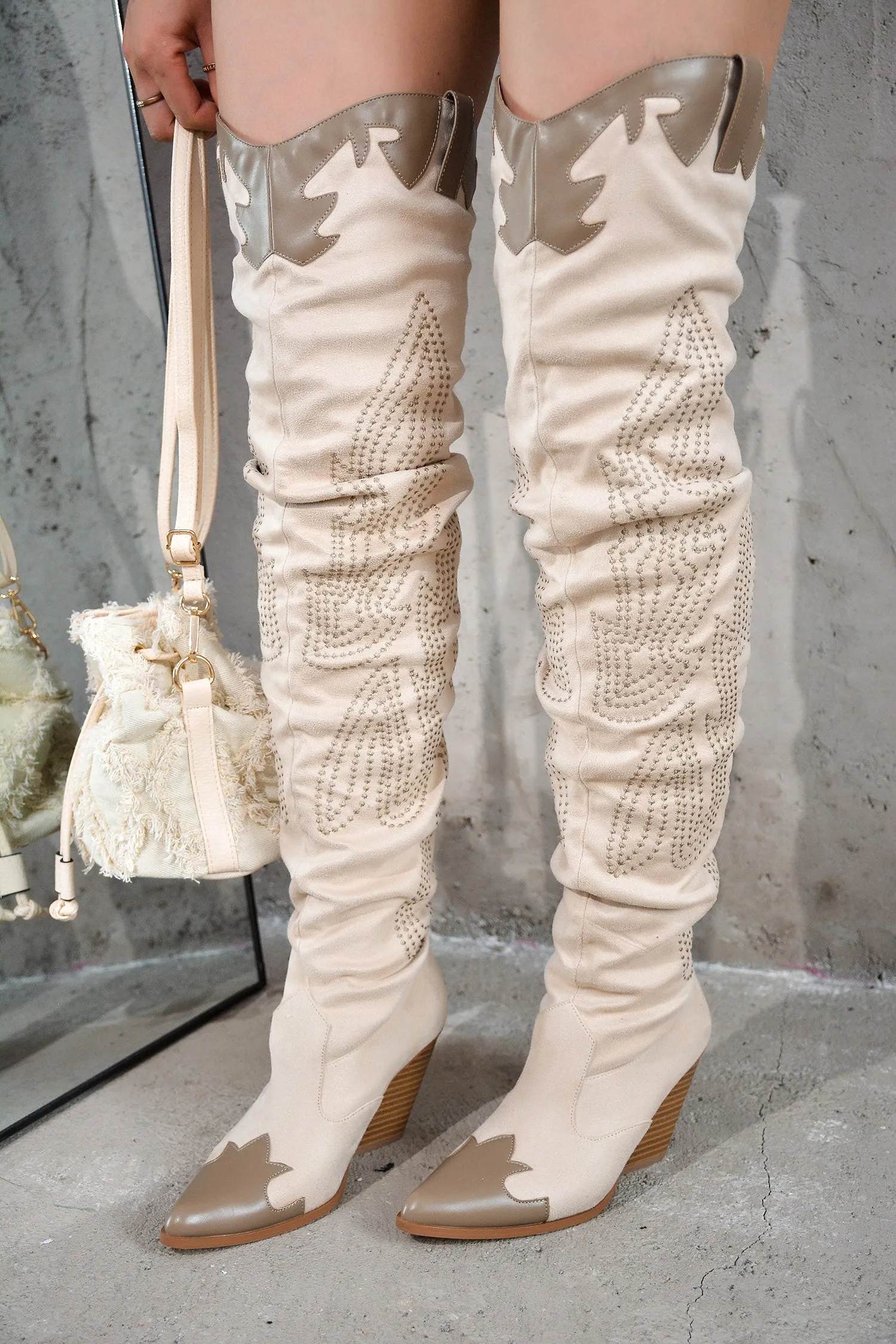 Icona Embroidery Thigh-High Cowboy Boots - Cream sold by Cape Robbin