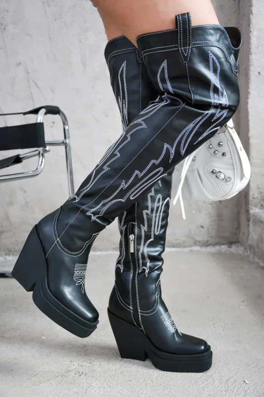 Vientiane Western Platform Knee-High Boot - Black sold by Cape Robbin