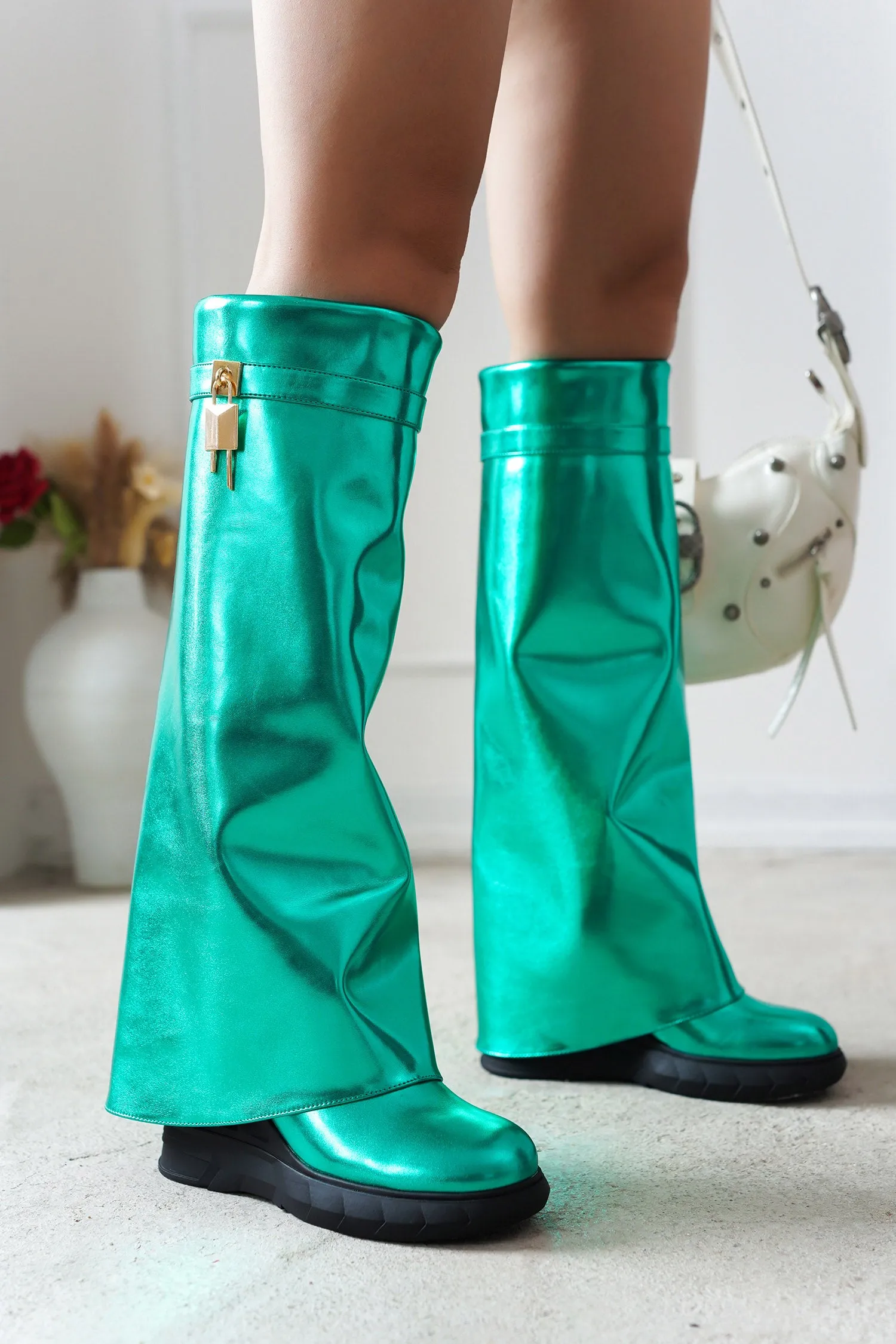 Darin Round Toe Knee-High Platform Boots - Green sold by Cape Robbin