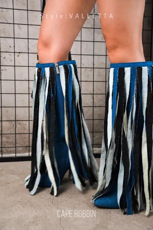 Valletta Fringe Denim Knee Block Heel Boots sold by Cape Robbin