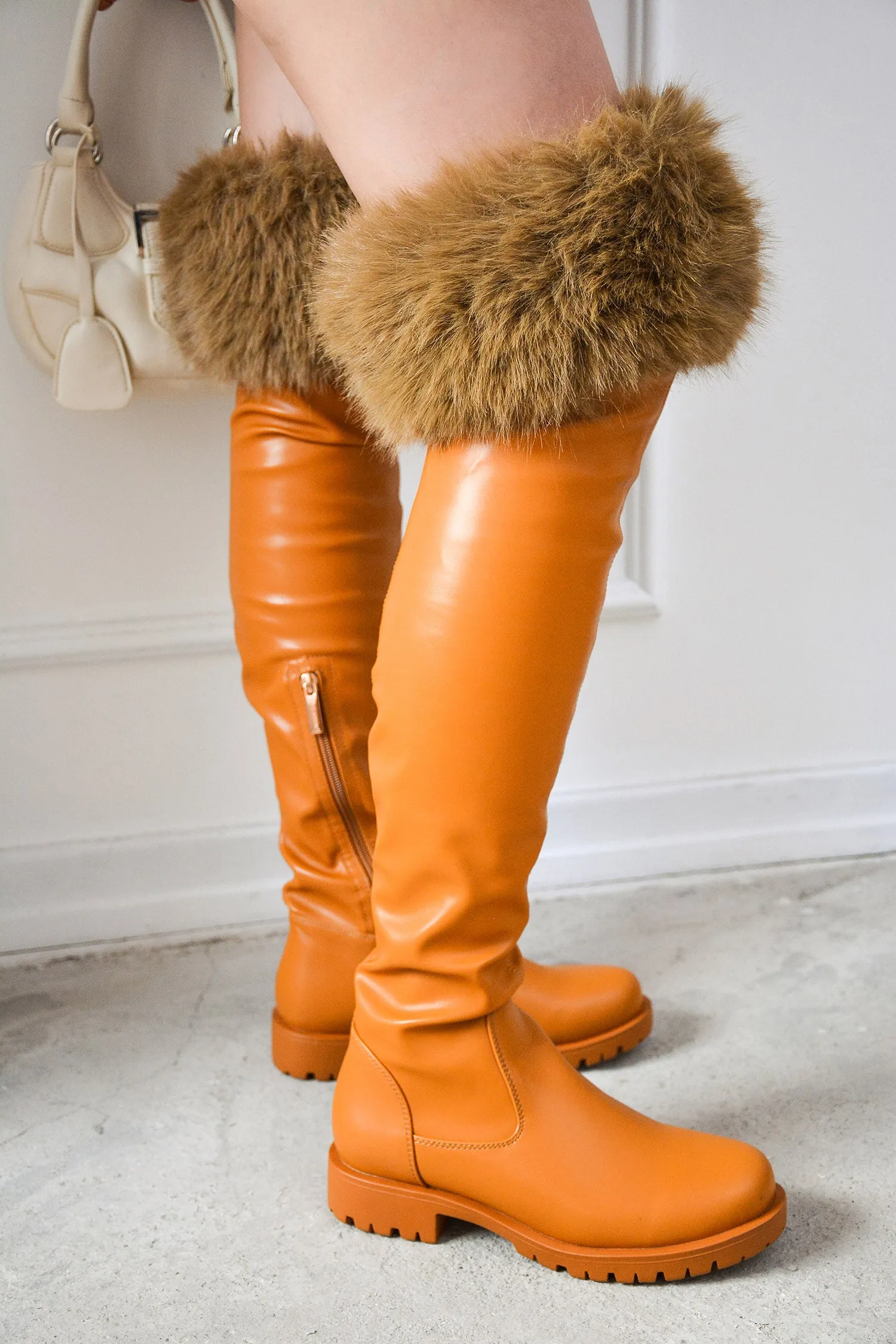 Meghani Fur-Coated Over-the-Knee Boots - Tan sold by Cape Robbin