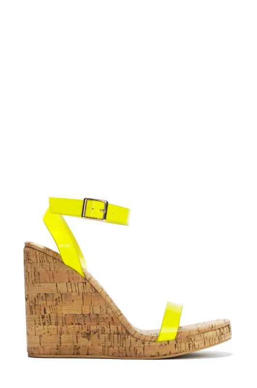 Danyi Buckle Closure Patent Cork Wedge - Yellow sold by Cape Robbin