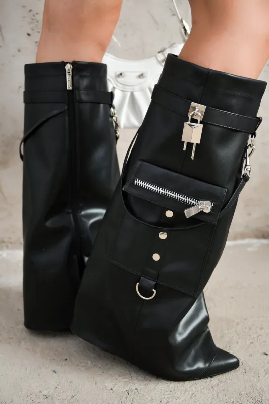 Majuro Pocket Fold-Over Knee-High Booties - Black sold by Cape Robbin