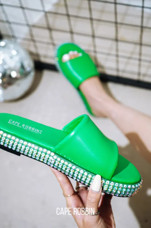 Damdam Rhinestone Coated Slide Sandals - Green sold by Cape Robbin
