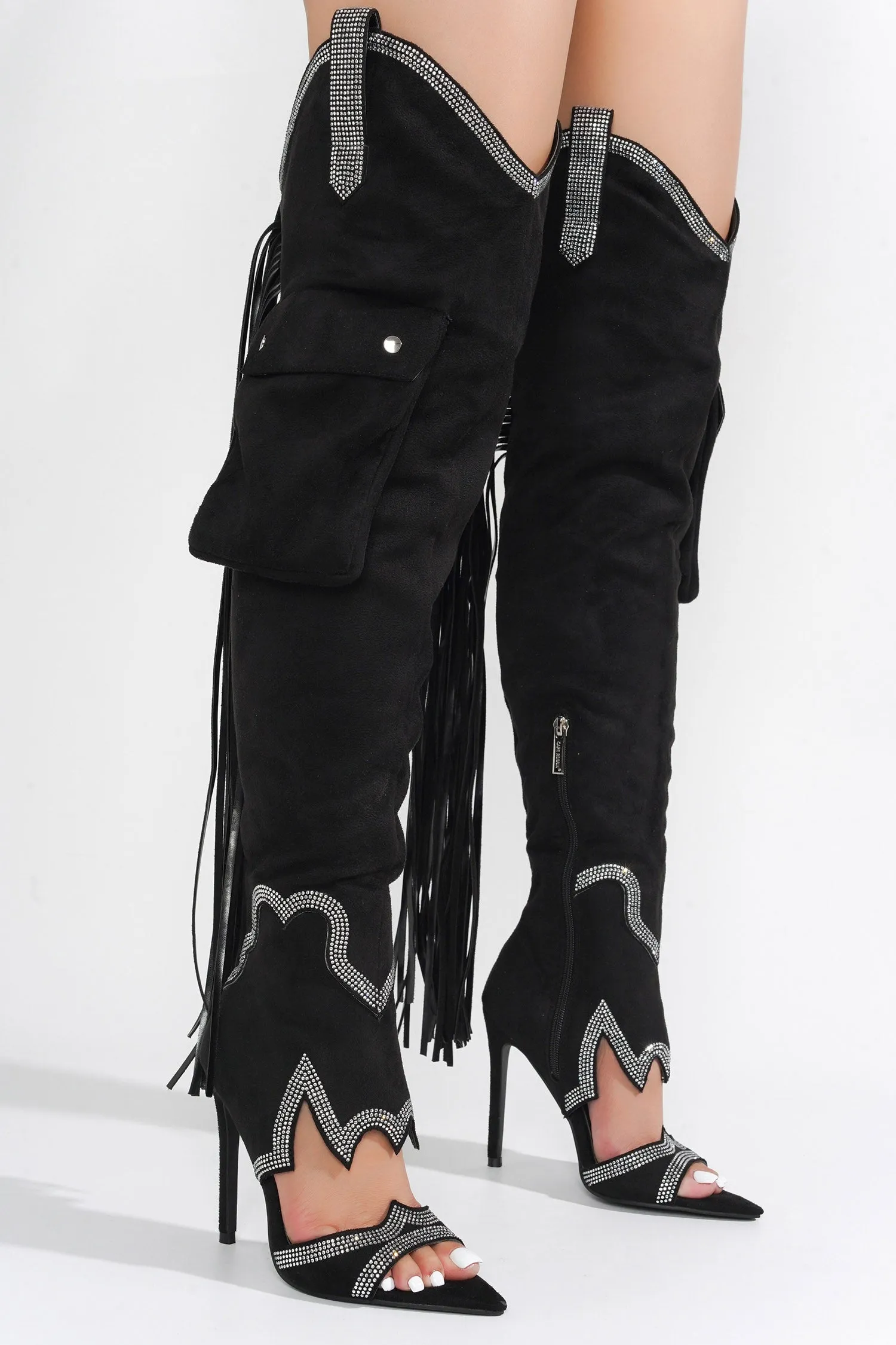 Lise Western Rhinestone Fringed Cargo Boots - Black sold by Cape Robbin product image thumbnail 5