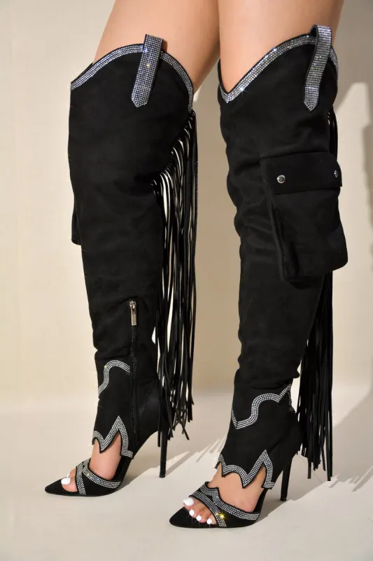 Lise Western Rhinestone Fringed Cargo Boots - Black sold by Cape Robbin