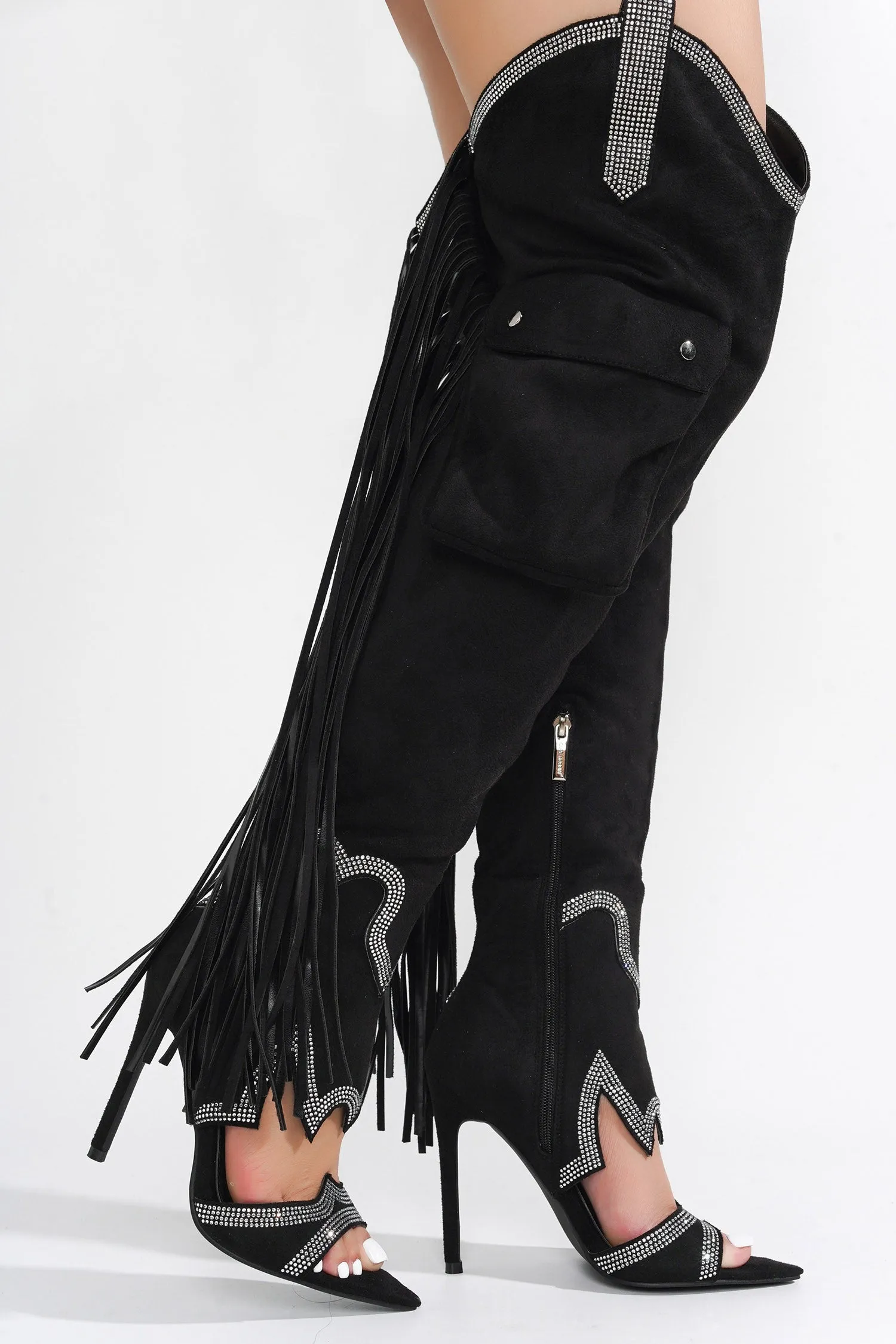 Lise Western Rhinestone Fringed Cargo Boots - Black sold by Cape Robbin product image thumbnail 4