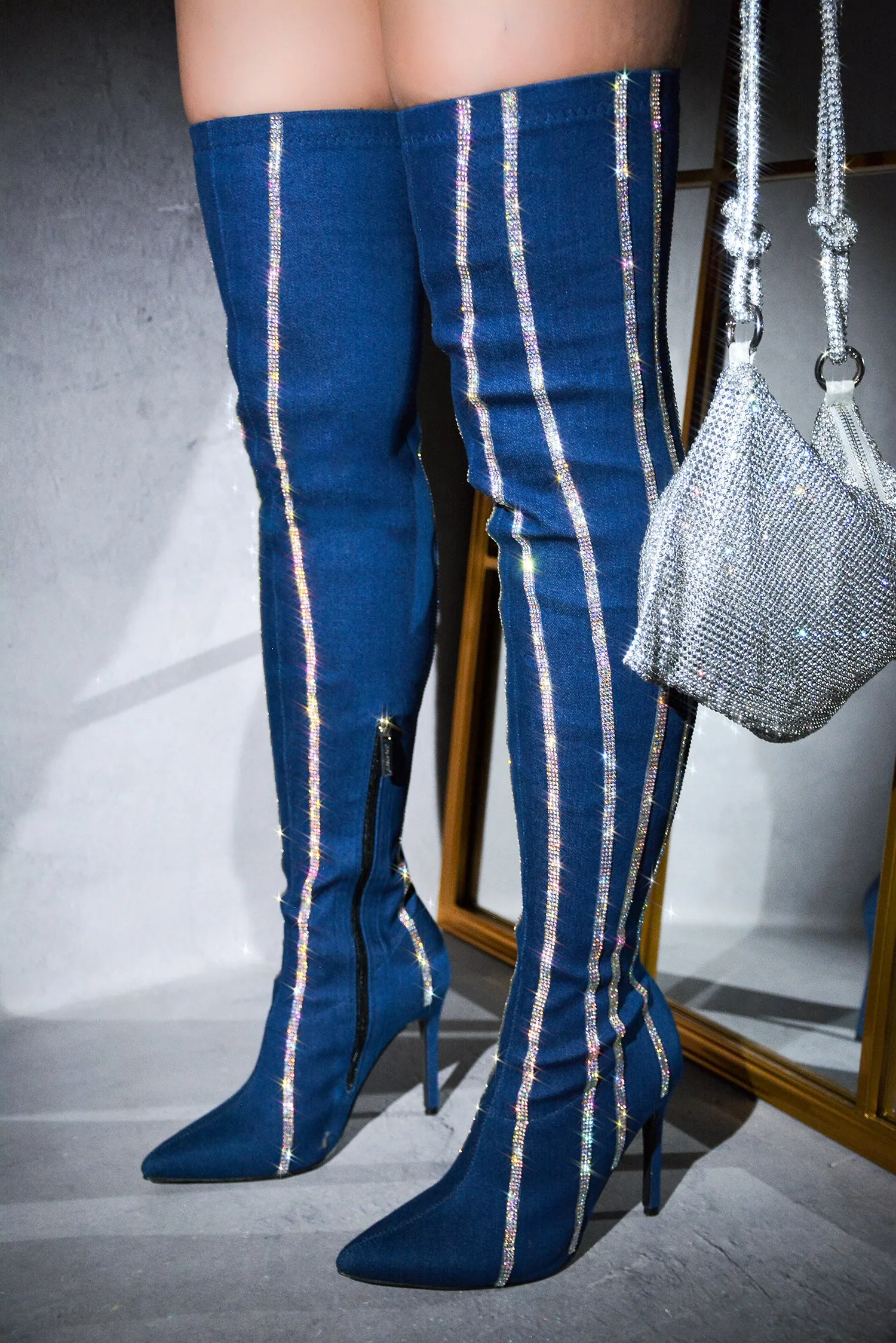 Hidenim Rhinestone Thigh High Stiletto Boots - Denim sold by Cape Robbin