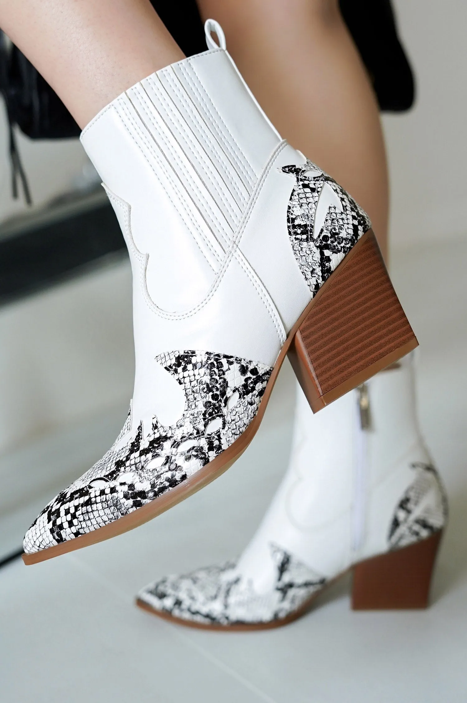 Janesa Animal Print Western Ankle Boots - White sold by Cape Robbin