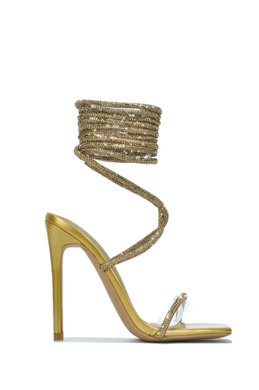 Bellisimo Rhinestone Rope Strappy High Heels - Gold sold by Cape Robbin