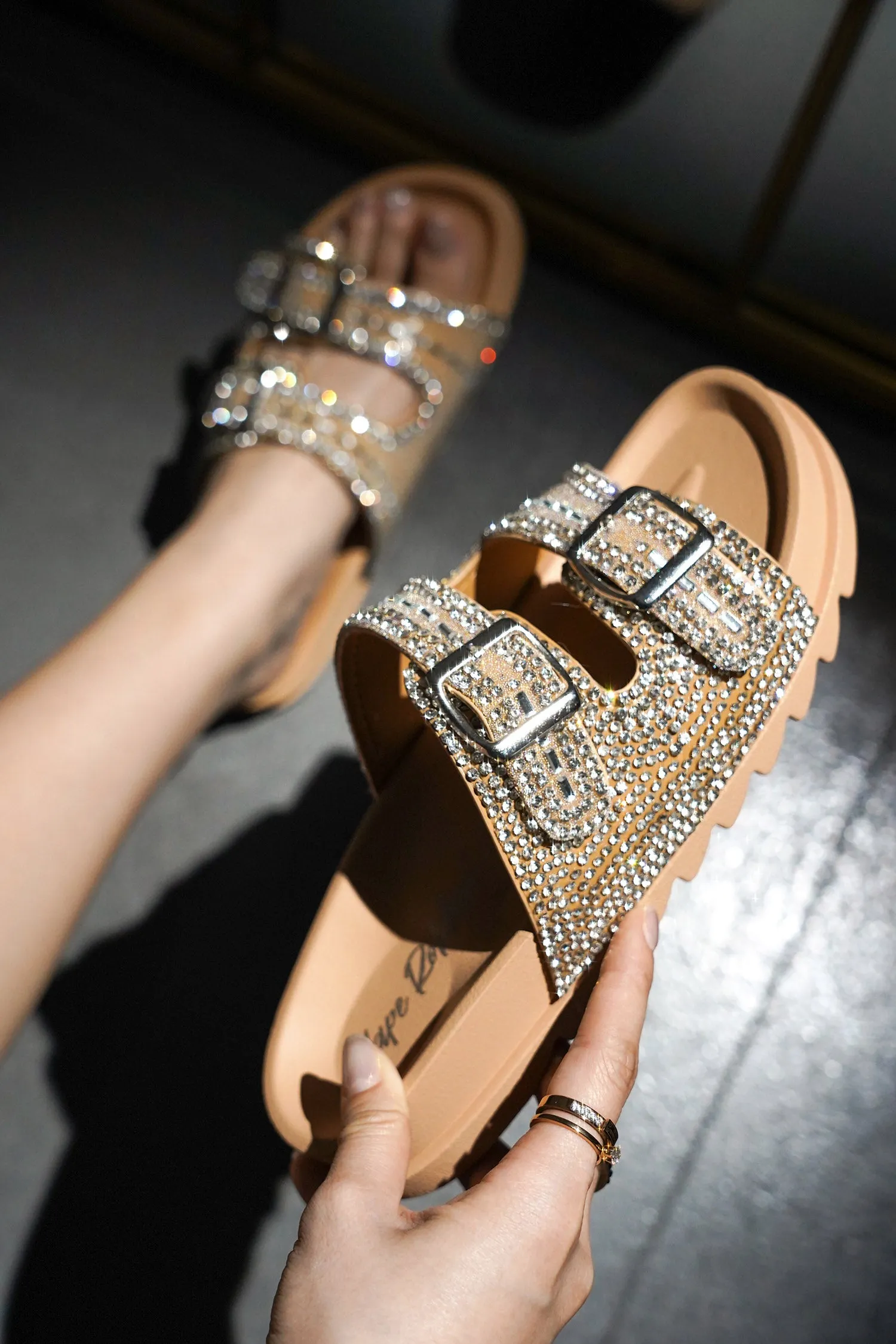 Becky Rhinestone Buckle Strap Flatform Sandals - Beige sold by Cape Robbin