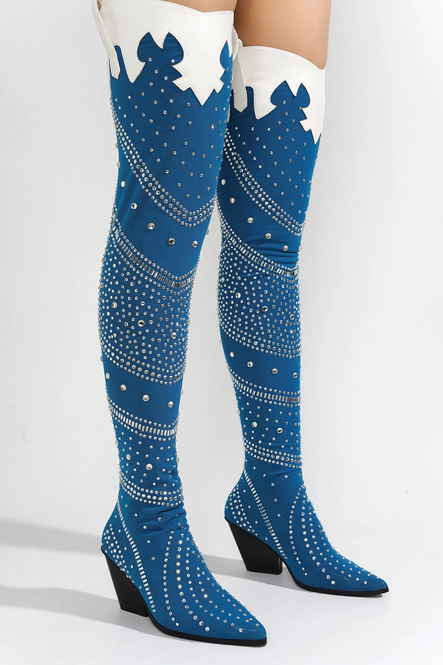 Modim Thigh High Boots w/ Rhinestone & Gems - Denim sold by Cape Robbin product image thumbnail 4