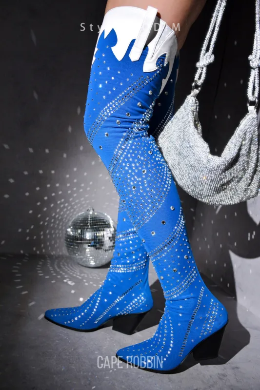 Modim Thigh High Boots w/ Rhinestone & Gems - Denim sold by Cape Robbin