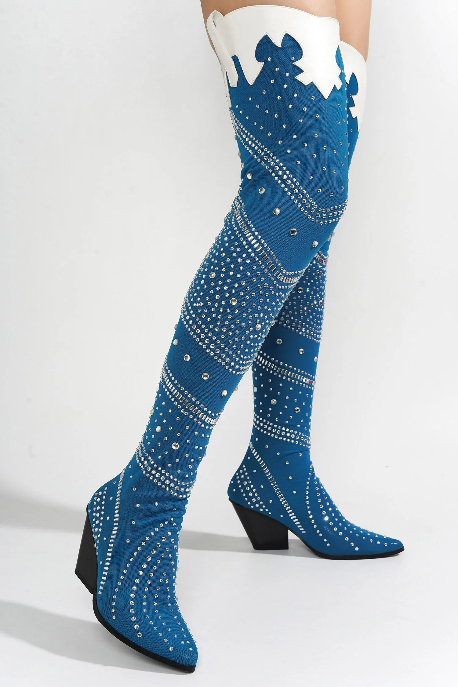 Modim Thigh High Boots w/ Rhinestone & Gems - Denim sold by Cape Robbin product image thumbnail 5