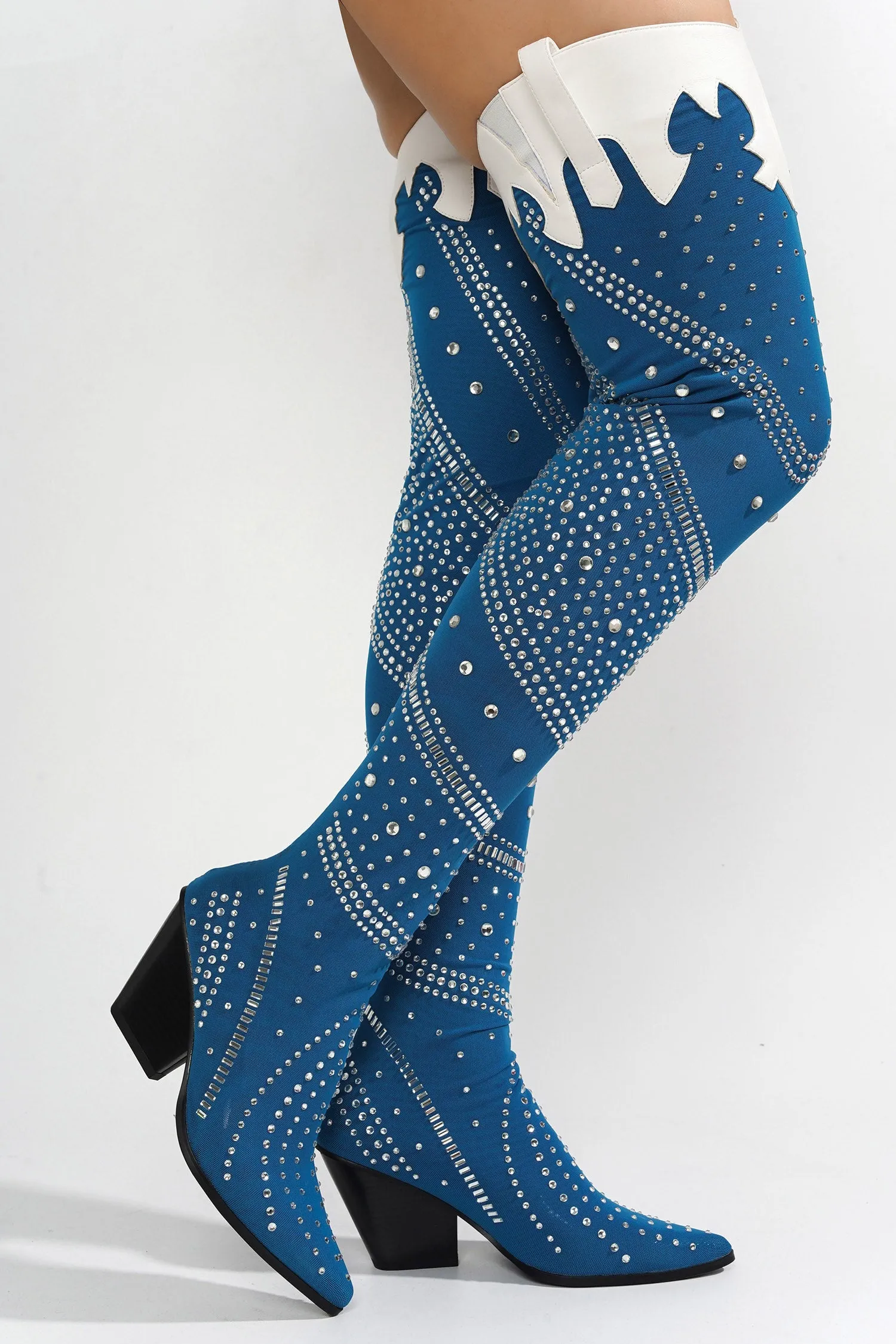 Modim Thigh High Boots w/ Rhinestone & Gems - Denim sold by Cape Robbin product image thumbnail 3