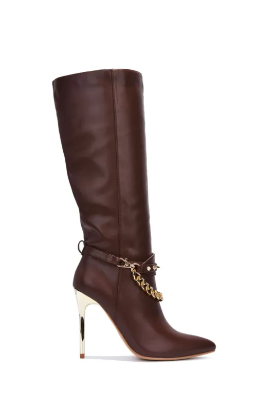 Esa Spike Chain Pointy Toe Knee High Boots - Brown sold by Cape Robbin