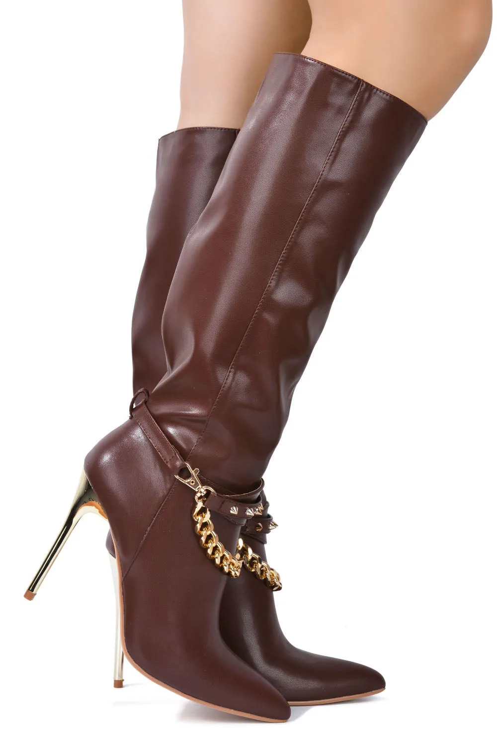Esa Spike Chain Pointy Toe Knee High Boots - Brown sold by Cape Robbin product image thumbnail 2