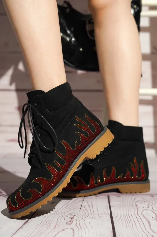 Zabrina Rhinestone Flam Lace-up Boots - Black sold by Cape Robbin