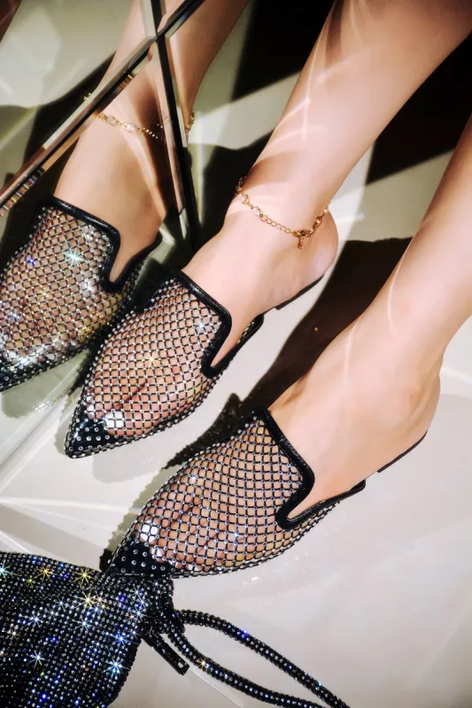 Princle Rhinestone and Mesh Detail Pointed Toe Flats - Black sold by Cape Robbin