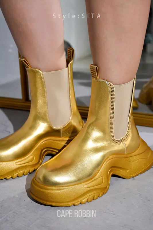 Sita Rhinestone Metallic Chunky Booties - Gold sold by Cape Robbin