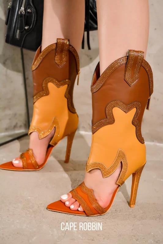Nayaye Rhinestone Western Cutout Cowboy Stiletto Heels - Tan sold by Cape Robbin