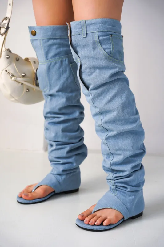 Malynda Denim Thigh-high Thong Sandals sold by Cape Robbin