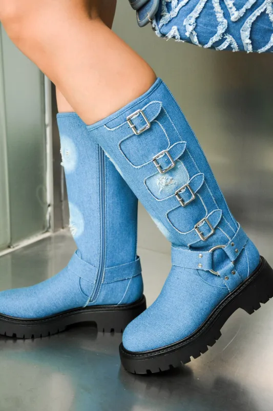 Dayton Square Toe Buckle Calf Length Boots - Denim sold by Cape Robbin