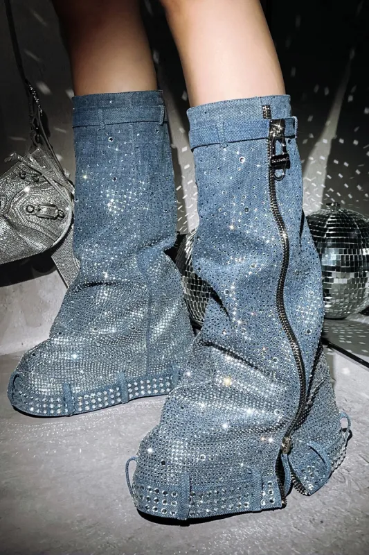 Kastel Denim Rainbow Rhinestone Platform Boots - Denim sold by Cape Robbin