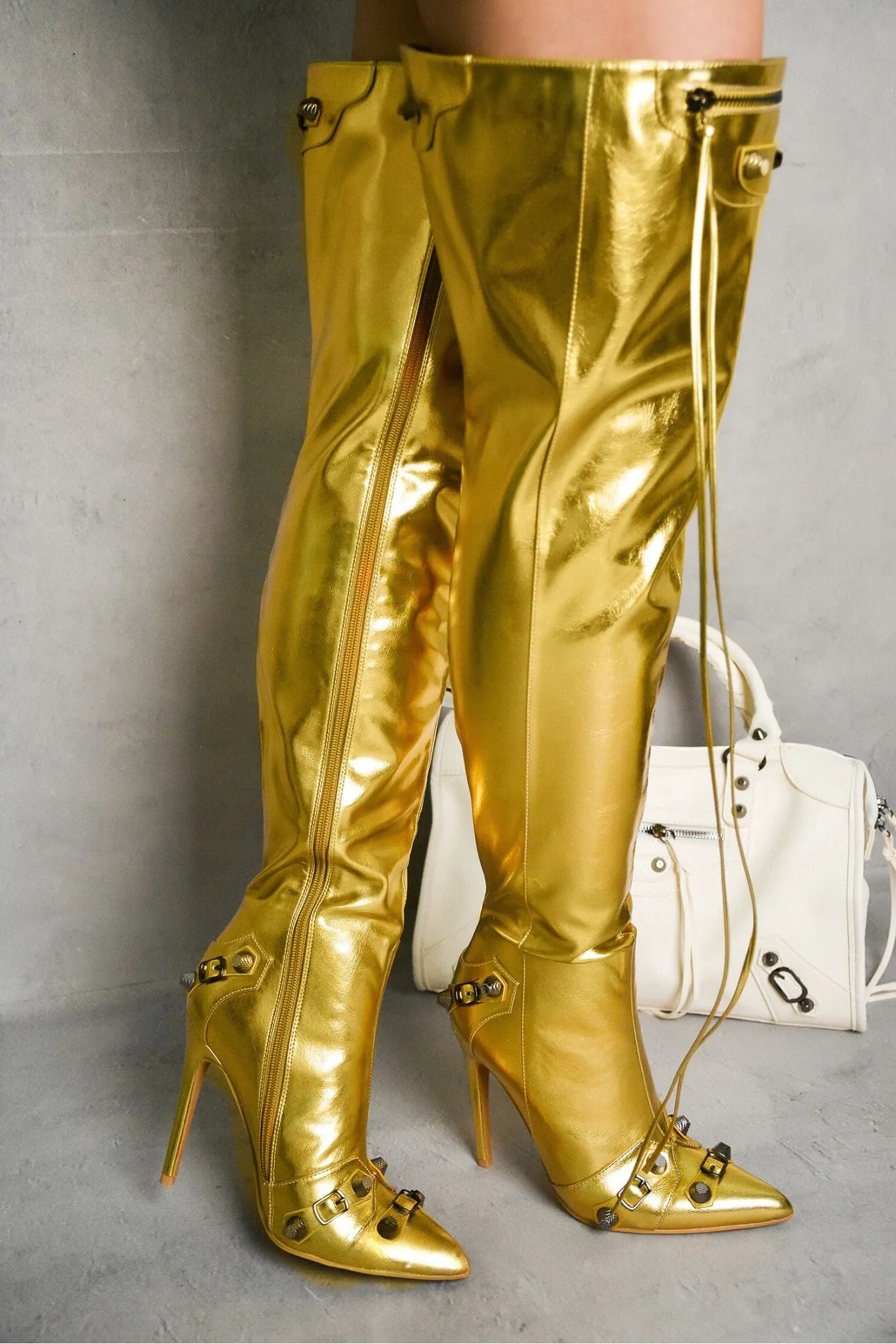Pofin-2 Metallic Thigh High Pointy Toe Boots - Gold sold by Cape Robbin