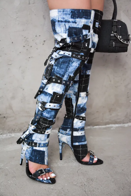 Revena Camo Multi-Strap Thigh-High Boots - Denim sold by Cape Robbin