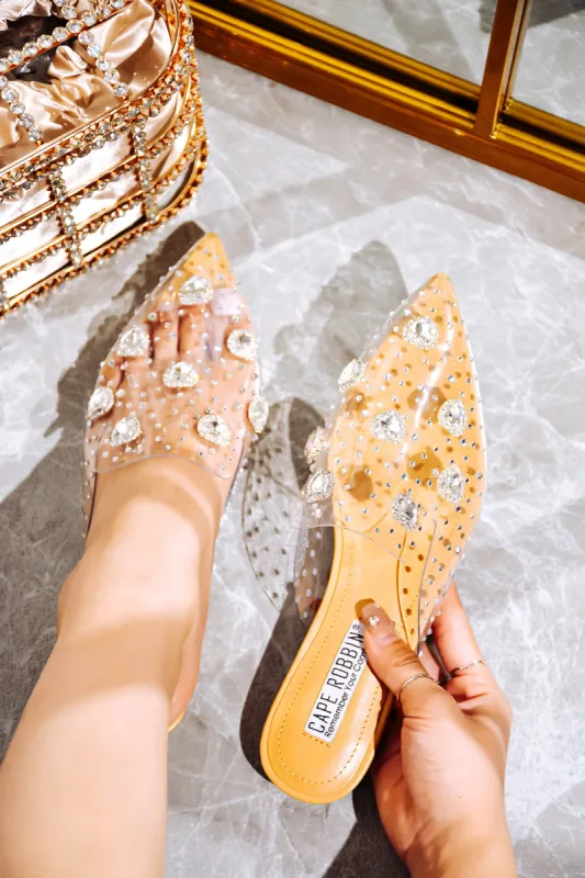 Sierra Rhinestone Gem Pointy Toe Mule Flats - Nude sold by Cape Robbin
