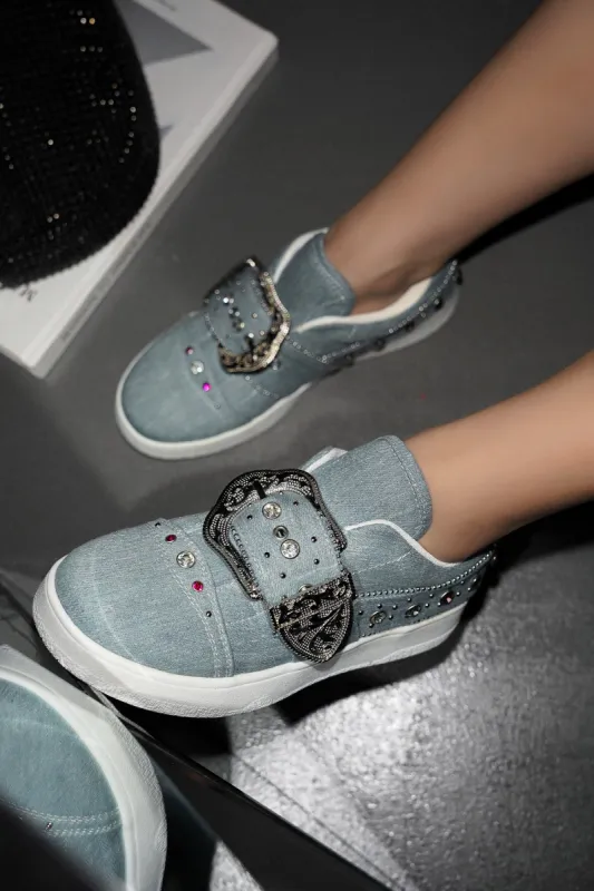 Audra Casual Sneaker With Decorative Buckle - Denim sold by Cape Robbin