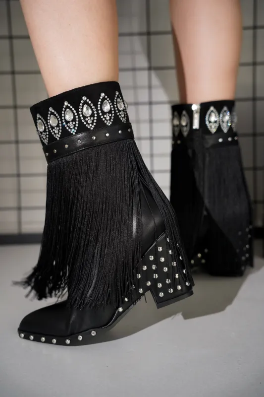 Henrie Rhinestone Gem Tassel Ankle Booties - Black sold by Cape Robbin