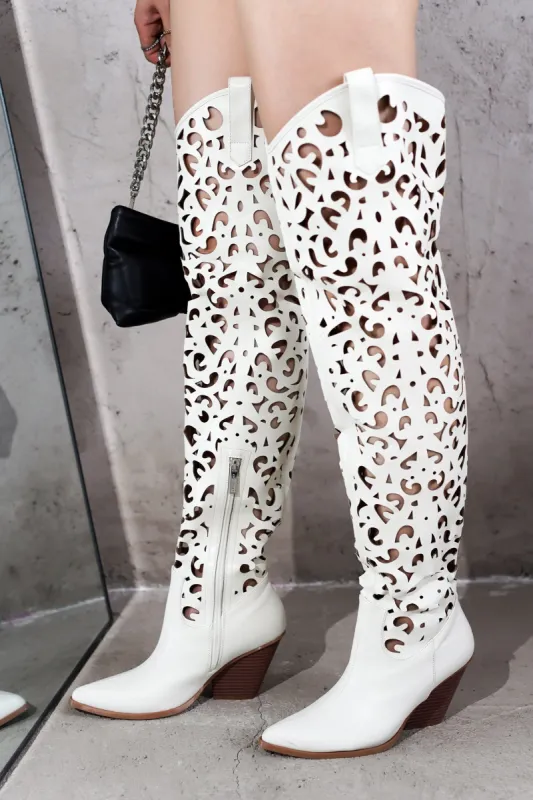 Stivale Thigh High Cowboy Block Heel Boots - Off White sold by Cape Robbin