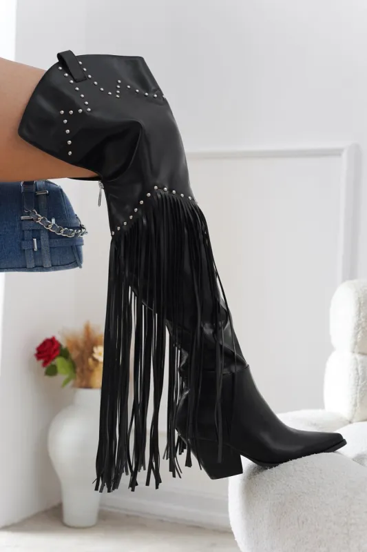 Montana Fringe Pointy Toe Thigh-High Boots - Black made by Cape Robbin