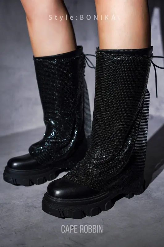 Bonika Rhinestone Mesh Chunky Lug Sole Boots - Black sold by Cape Robbin