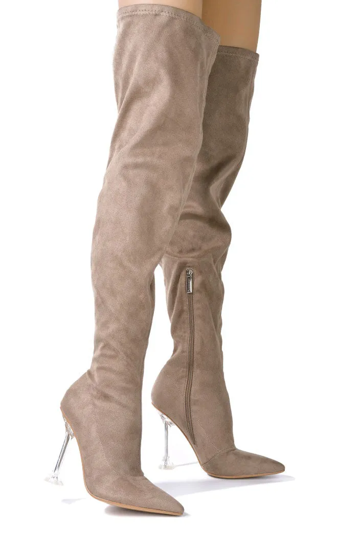 Estele Clear Pointy Toe Thigh High Boots - Taupe sold by Cape Robbin product image thumbnail 4