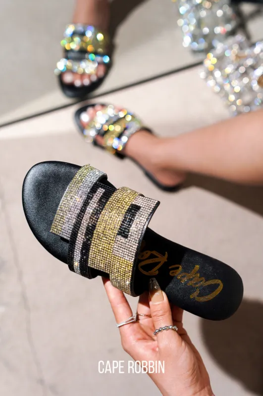 Cordelia Rhinestone Coated Round Toe Flat Sandals - Black sold by Cape Robbin