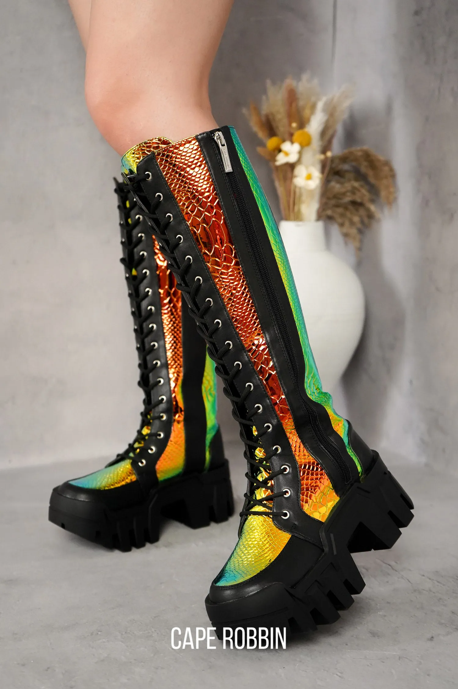 Fade Metallic Knee-High Chunky Lug Sole Boots - Black Multi sold by Cape Robbin