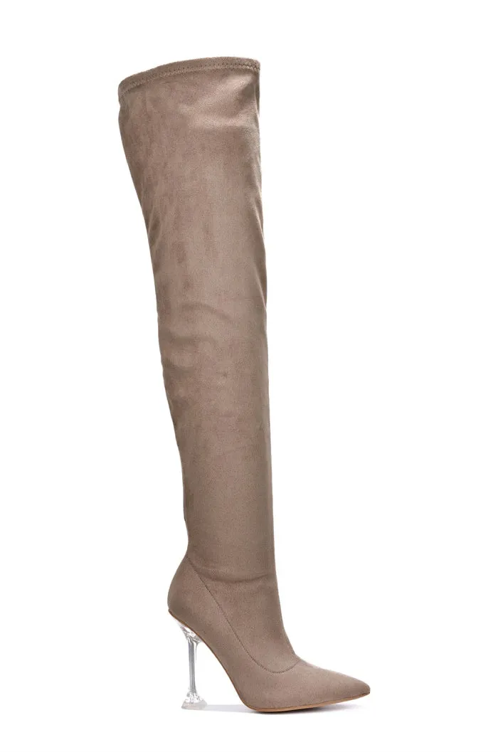 Estele Clear Pointy Toe Thigh High Boots - Taupe sold by Cape Robbin