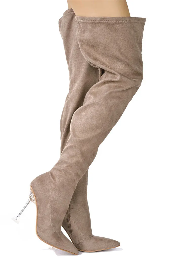 Estele Clear Pointy Toe Thigh High Boots - Taupe sold by Cape Robbin product image thumbnail 3