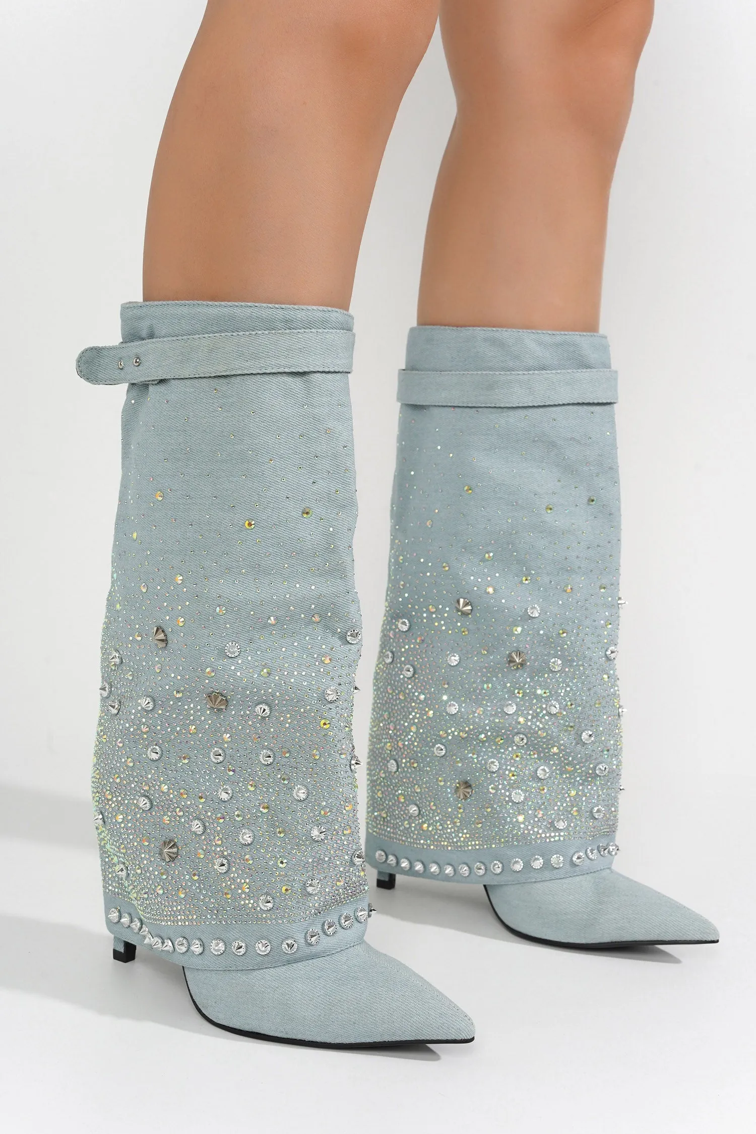 Guman Fold-Over Rhinestone High Heel Boots - Silver sold by Cape Robbin product image thumbnail 5