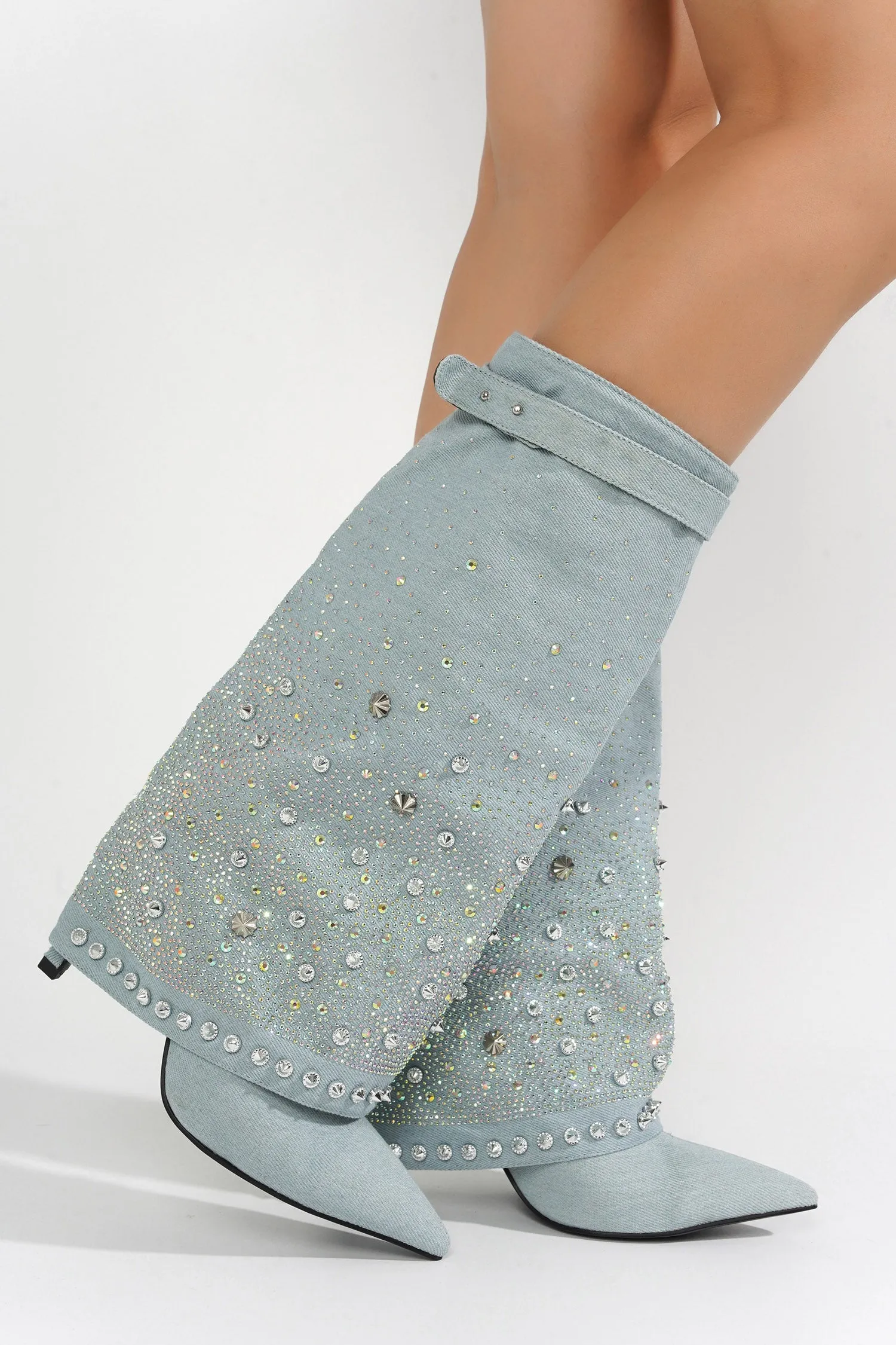 Guman Fold-Over Rhinestone High Heel Boots - Silver sold by Cape Robbin product image thumbnail 4