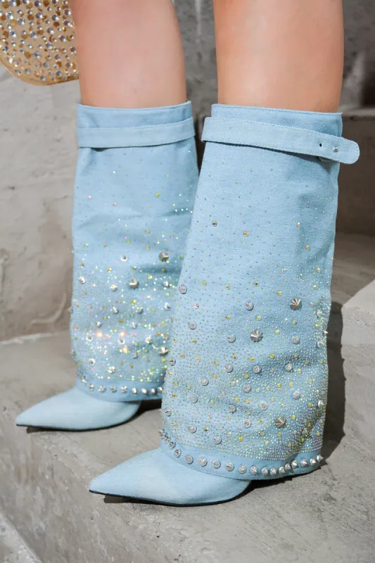 Guman Fold-Over Rhinestone High Heel Boots - Silver sold by Cape Robbin