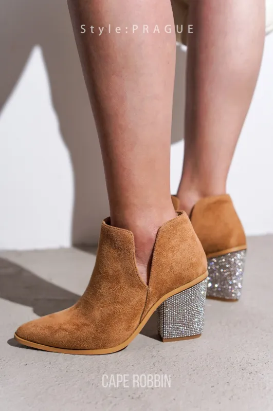Prague Rhinestone Heel Suede Ankle Booties - Nude sold by Cape Robbin